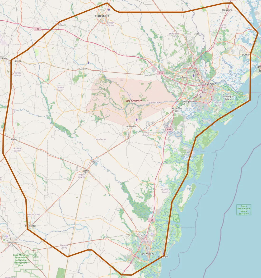 Map of the area Union Flooring Pros covers: everywhere within about 90 minutes drive of Hinesville, taking in Savannah, Pooler, Richmond Hill, Ludowici, Jesup, Statesboro and Brunswick.